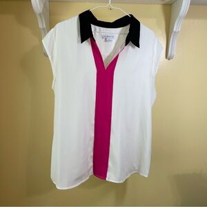 Liz Claiborne Cap Sleeve Notched Collar Blouse White Black